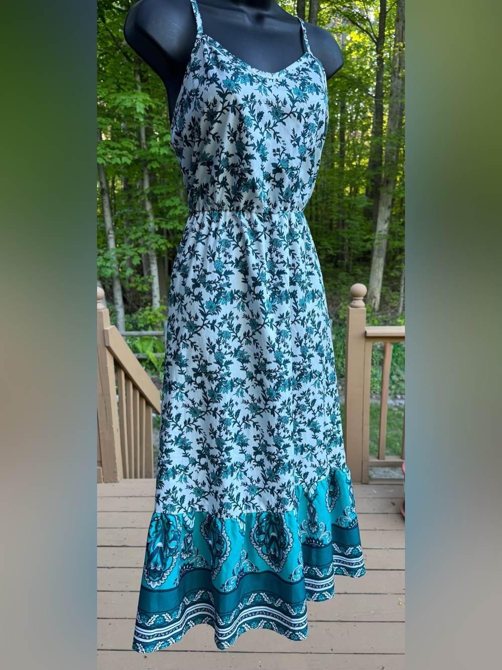 SHEIN Teal and White Floral Border Maxi Dress